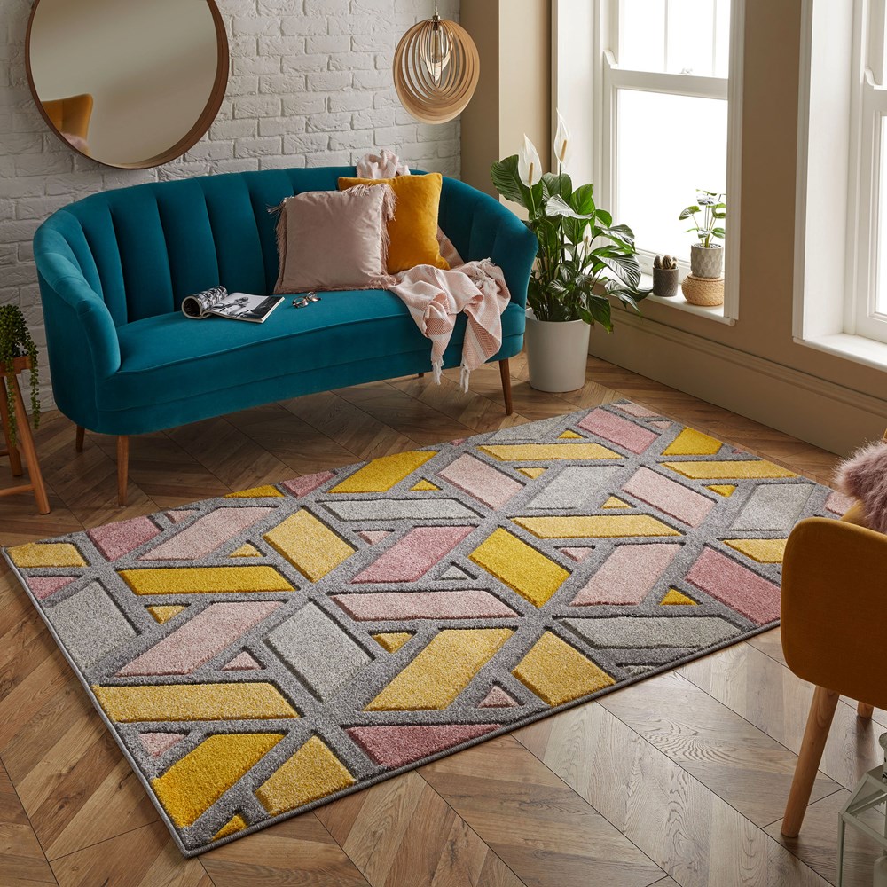 Portland 5153 U Geometric Carved Rugs in Yellow Pink Grey Cream